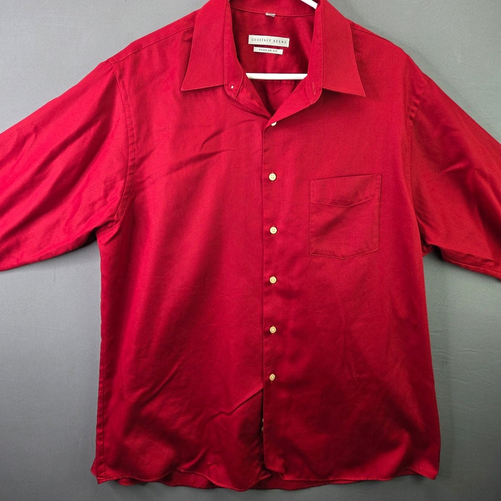Geoffrey Beene Button Down Mens 17.5 32/33 Red Regular Fit Wrinkle Free Shirt - Picture 2 of 7